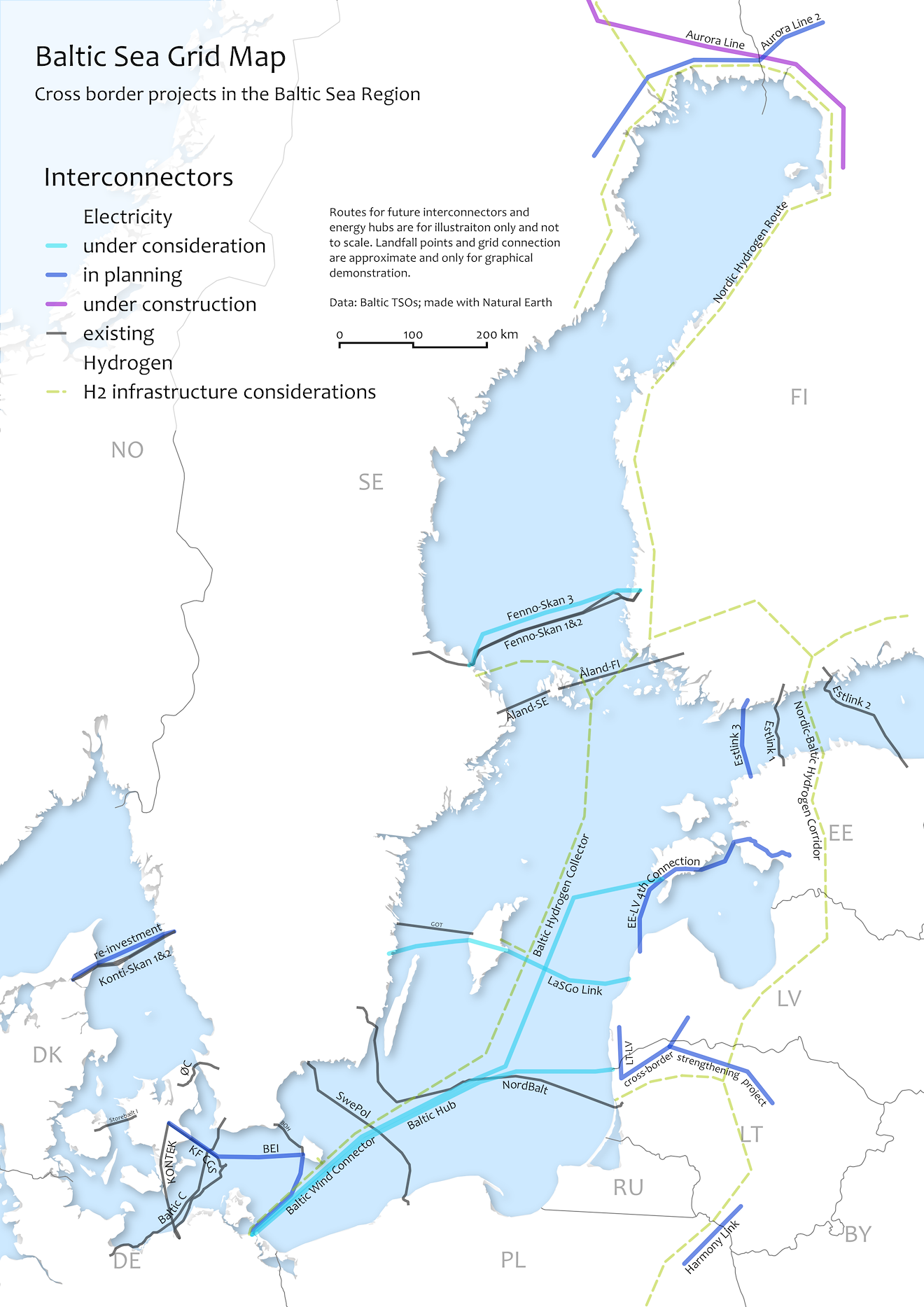 The Baltic Sea Map with the projects under consideration, in planning, under construction and existing in the Baltic Sea.